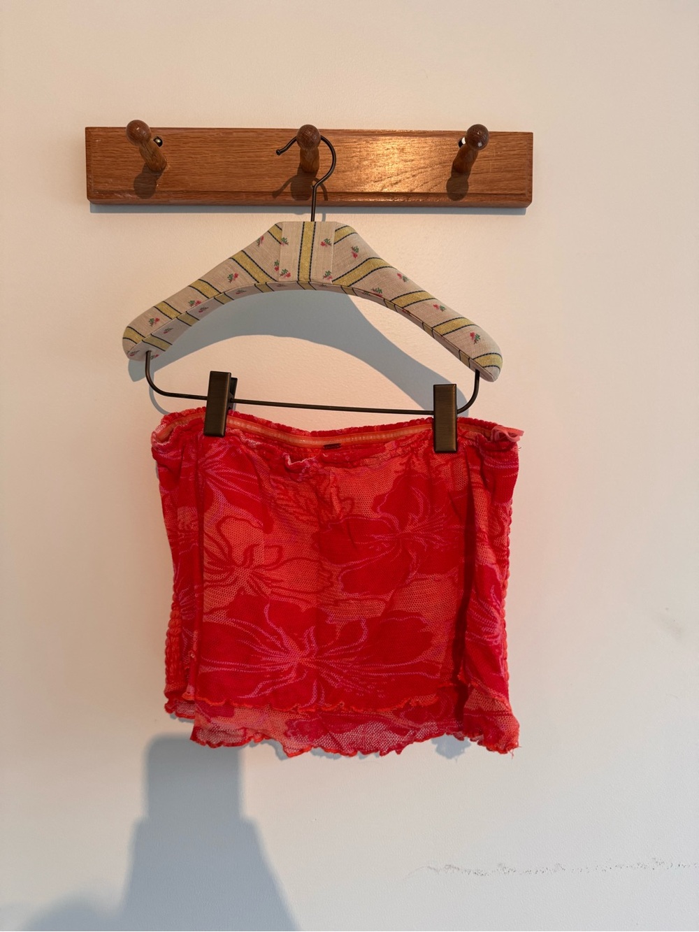 Free People Red Pink Floral Mesh Ruched Tube Top Size L